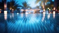 Blur light of bar or pub reflection on blue water swimming pool, summer party Royalty Free Stock Photo