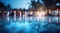 Blur light of bar or pub reflection on blue water swimming pool, summer party Royalty Free Stock Photo