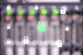 Blur lighting of server panel with locked and unlocked key icon for data protection and security concept Royalty Free Stock Photo