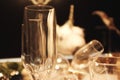 Blur Many empty glasses on the table with still life pattern on a table against restaurant background Royalty Free Stock Photo