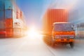 Blur motion truck car with container cargo for fast high speed shipping and transportation logistic background concept Royalty Free Stock Photo