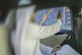 Blur photo - abstract image for the background. A man is an Arab, in an interactive taxi car, plots a route on a map.