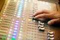 Blur Photo Hand adjusting audio mixer. sound engineer hands working on sound mixer in live concert. Royalty Free Stock Photo