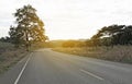 Blur photo landscape of a long road to the mountain in a nature, big tree on the left hill, dried meadow beside the road under clo Royalty Free Stock Photo