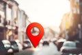 Blur traffic road and colorful bokeh light and old building town abstract background with navigator gps location. Copy space of