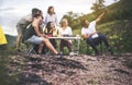 Blured of multiracial group traveler selfie with cell phone at nature together,Happy and smiling,Enjoying backpacking concept