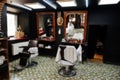Blured photo of interior and chairs at barbershop. Barber soul