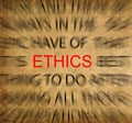 Blured text on vintage paper with focus on ETHICS Royalty Free Stock Photo