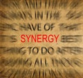 Blured text on vintage paper with focus on SYNERGY Royalty Free Stock Photo