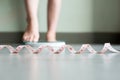 Blured of women foot standing on weigh scales with tape measure in foreground Royalty Free Stock Photo