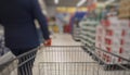 Blurred abstact background of shopping cart in supermarket . Blurry view inside department store with shopping trolley. Royalty Free Stock Photo