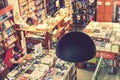 Blurred abstract background of book on bookstore. blurry bookshelf in library room for your background. toned Royalty Free Stock Photo