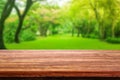 Wooden table with Blurry image of green grass meadow field and green trees. Royalty Free Stock Photo