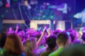 Blurred Abstract Background Of People Fans On Live Music Festival Concert, Neon Light