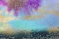 Blurred abstract background with yellow, blue and lilac accent. Bokeh of water drops. Background for postcards Royalty Free Stock Photo