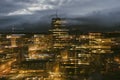 Blurred aerial evening view of illuminated business district in Vilnius, Lithuania Royalty Free Stock Photo