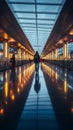 Blurred airport hustle people traverse two moving walkways in a straight view