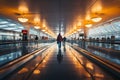 Blurred airport hustle people traverse two moving walkways in a straight view Royalty Free Stock Photo