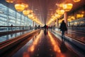 Blurred airport hustle people traverse two moving walkways in a straight view Royalty Free Stock Photo