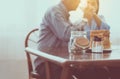 Blurred of Asian elderly couple drinking milk for breakfast with bread and butter,Retirement senior lifestyle living concept Royalty Free Stock Photo