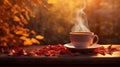 Blurred autumn tree background with hot steaming cup of coffee