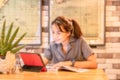 Blurred background : Attractive young woman working office with new freelance business startup. film effect ,reflections, bokeh,