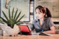 Blurred background : Attractive young woman working office with new freelance business startup. film effect ,reflections, bokeh,
