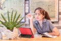 Blurred background : Attractive young woman working office with new freelance business startup. film effect ,reflections, bokeh,