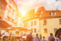 Blurred background a beautiful landscape of a European city with the river boat and bridge in Sunny day Royalty Free Stock Photo