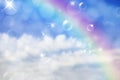 Blurred background with bubbles in blue sky above the rainbow. Heaven illustration. Soft magic effect. Background for birthday