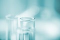 Blurred background. Chemical test tubes close up. Medicine, pharma