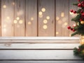 Blurred background on Christmas holiday with empty brown wooden table Royalty Free Stock Photo