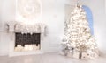 Blurred background christmas interior with New Year tree and artificial fireplace decorated light for holiday, white