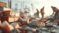 Blurred background of close-up image showcases various construction materials, including bricks and concrete, with workers engaged Royalty Free Stock Photo
