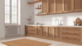 Blurred background, colonial wooden kitchen. Cabinets with shutters and rattan drawers, sink and gas hob, pottery and decors.