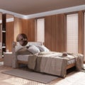 Blurred background, contemporary wooden bedroom and bathroom. Double bed, freestanding bathtub, parquet and wallpaper. Modern