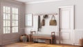 Blurred background, farmhouse hallway. Wooden bench and coat rack. Glass entrance door, vintage interior design