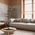 Blurred background, farmhouse living room with wooden walls. Parquet floor, fabric sofa, carpets and decors. Contemporary interior Royalty Free Stock Photo