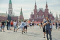 Blurred background. The 2018 FIFA World Cup. Argentine fans in striped white-blue t-shirts in colors of the flag of Argentina and Royalty Free Stock Photo