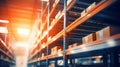 Blurred Background of filled High Storage Racks. Industrial Backdrop