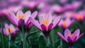 Blurred background with full focus on purple flowers, yellow anthers