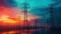 blurred background with an image of a sunset and high-voltage poles with wires on it Royalty Free Stock Photo