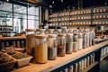 Background of interior in zero waste shop. Products in plastic free grocery store. Conscious shopping. Generative AI.