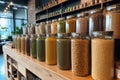 Blurred background of interior in zero waste shop. Customers buying dry goods and bulk products in plastic free grocery store.