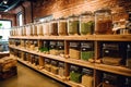 Blurred background of interior in zero waste shop. Customers buying dry goods and bulk products in plastic free grocery store.