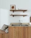 Blurred background, japandi kitchen close up. Wooden cabinets, shelves and bench with pillows. Farmhouse minimalist interior