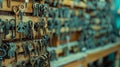The blurred background of the locksmiths puzzle reveals rows upon rows of intricate locks and keys waiting to be solved