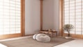 Blurred background, minimal meditation room. Capet, table with Mala and bonsai. Wooden beams and paper doors. Japandi interior