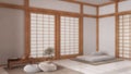 Blurred background, minimal meditation room with pillows, tatami mats and paper doors. Carpet, table with Mala and decors.