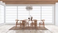 Blurred background, minimal modern wooden dining room with table and chairs. Limestone marble floor and beams ceiling. Elegant Royalty Free Stock Photo